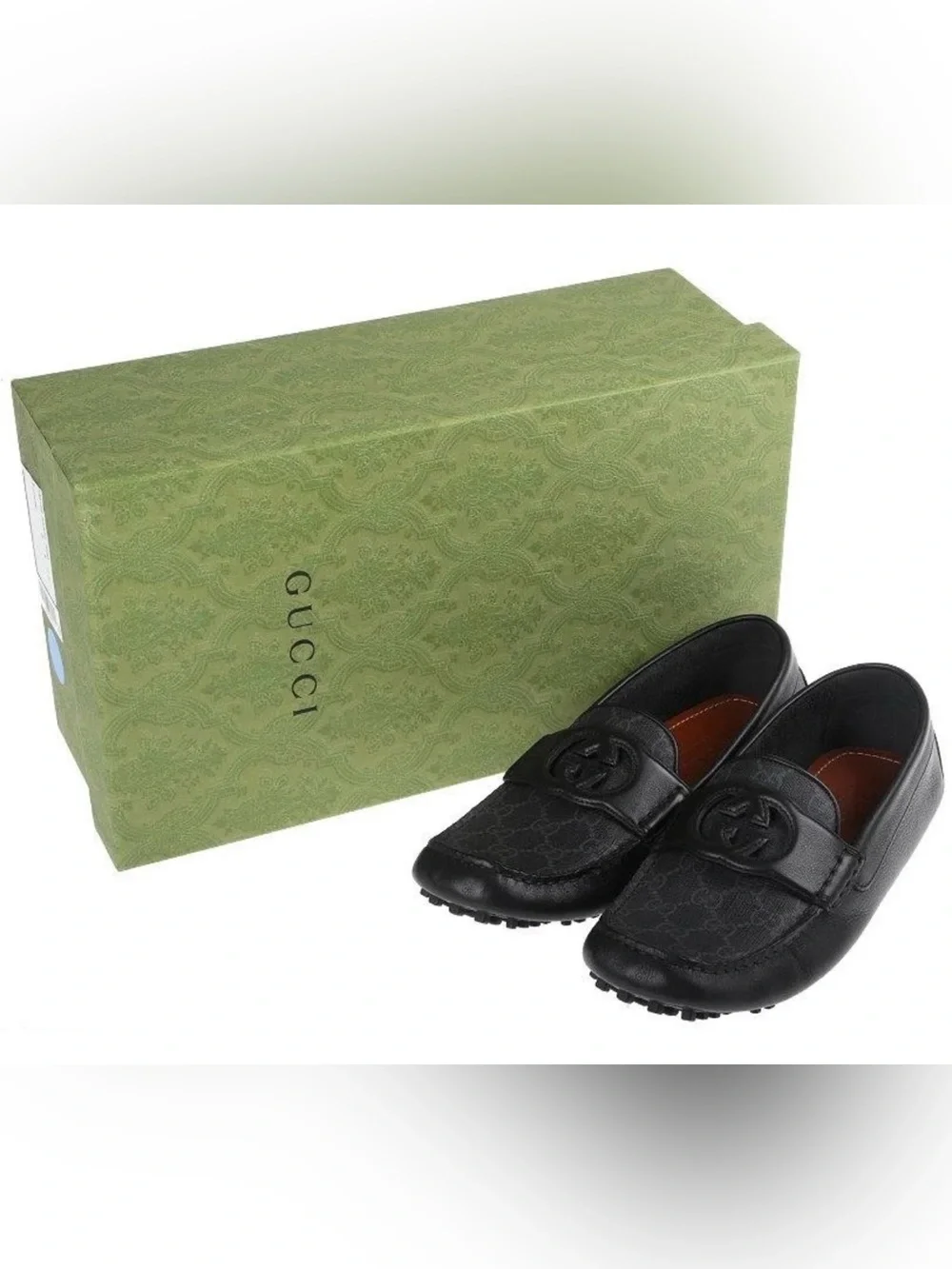 NEW GUCCI BLACK LEATHER NTELOCKING CUT OUT LOGO DRIVER MOCCASIN SHOES 6/US 6.5